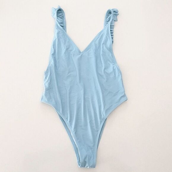 Womens SheIn One Piece Bathing Suit Monokini Ruffle Deep Plunge Small Light Blue - Picture 2 of 9